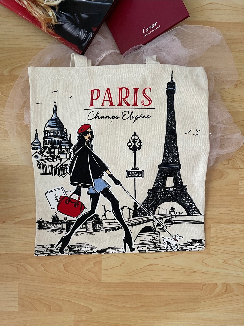 Paris Champs-Élysées Cream Tote Bag with Red Accents